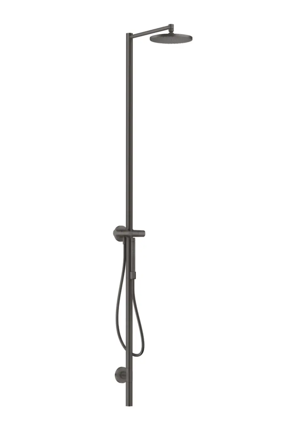 Duschsäule mit Kopfbrause in brushed black chrome, vertikal montiert, von AXOR. Die Konstruktion umfasst eine Handbrause und ein individuell einstellbares Duschsystem.